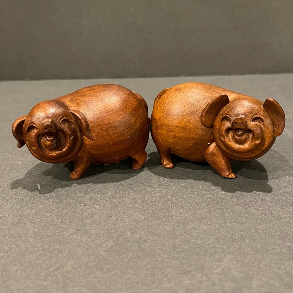 Vintage Pair of Boxwood Chinese Hand Carved Cute Happy Pig Statues
